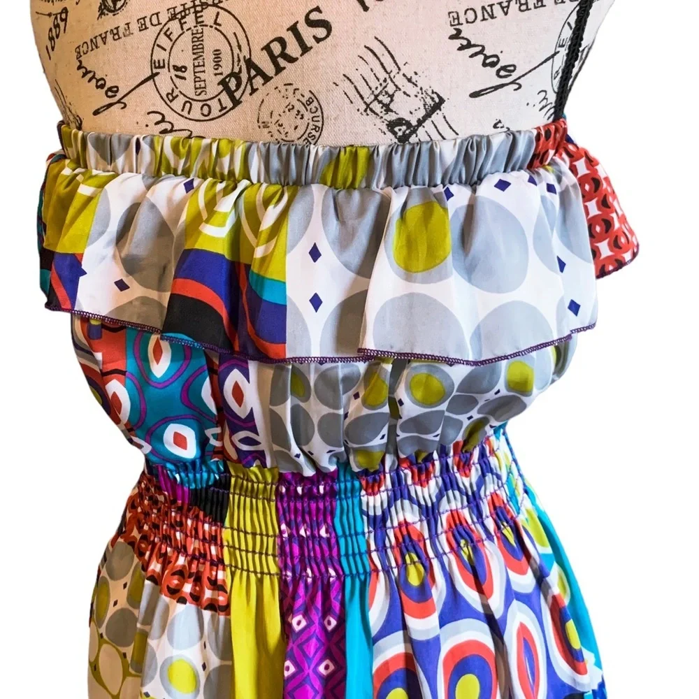 3 for 30 💥 Ventti VTG Satin Strapless Colorful Mini Dress Circus Print Purple - Picture 7 of 16